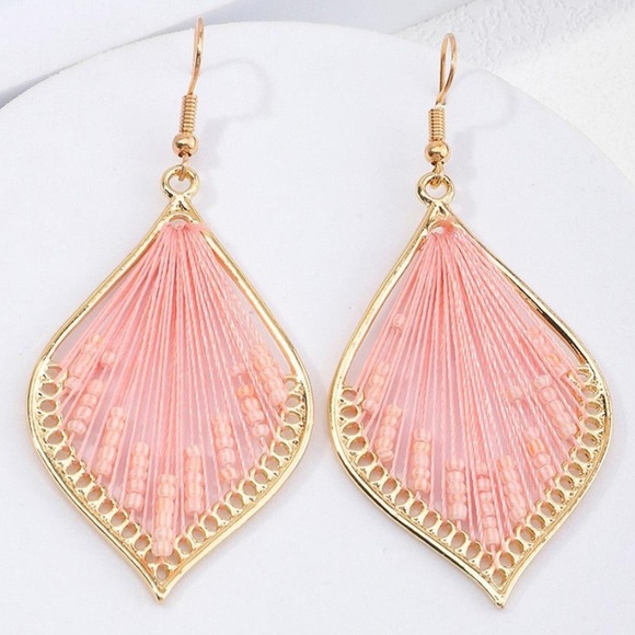 Boho Tribal Thread Woven Beaded Drop Earrings - Picture 1 of 3
